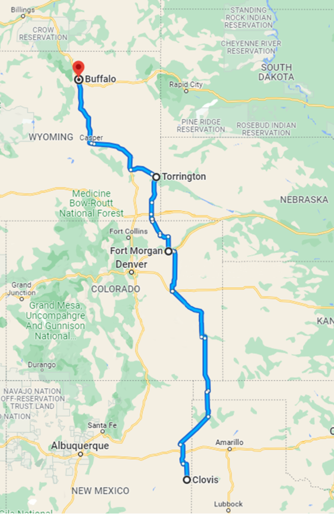 US map spanning three states; Wyoming, Colorado and New Mexico.